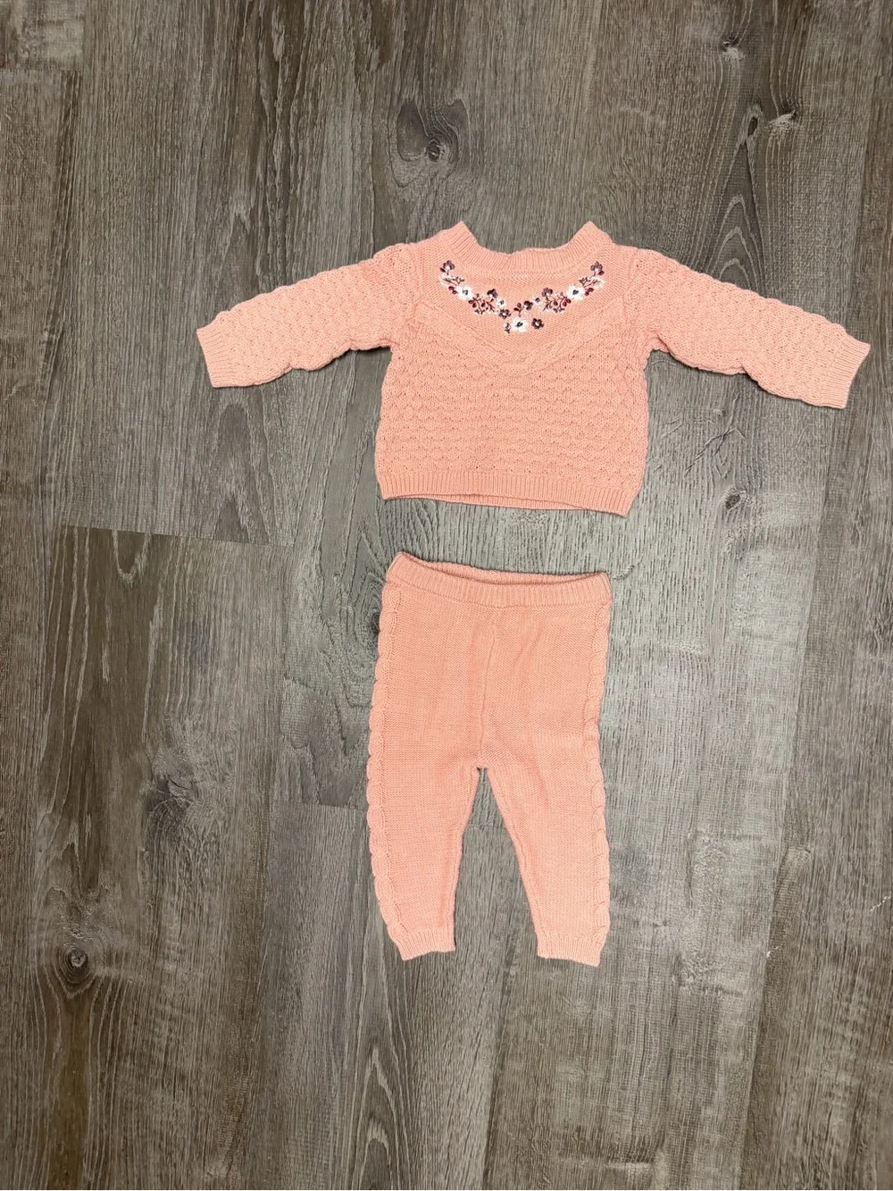 Nicole Miller Peach Knit Two-Piece Pajama Set with Floral Embroidery